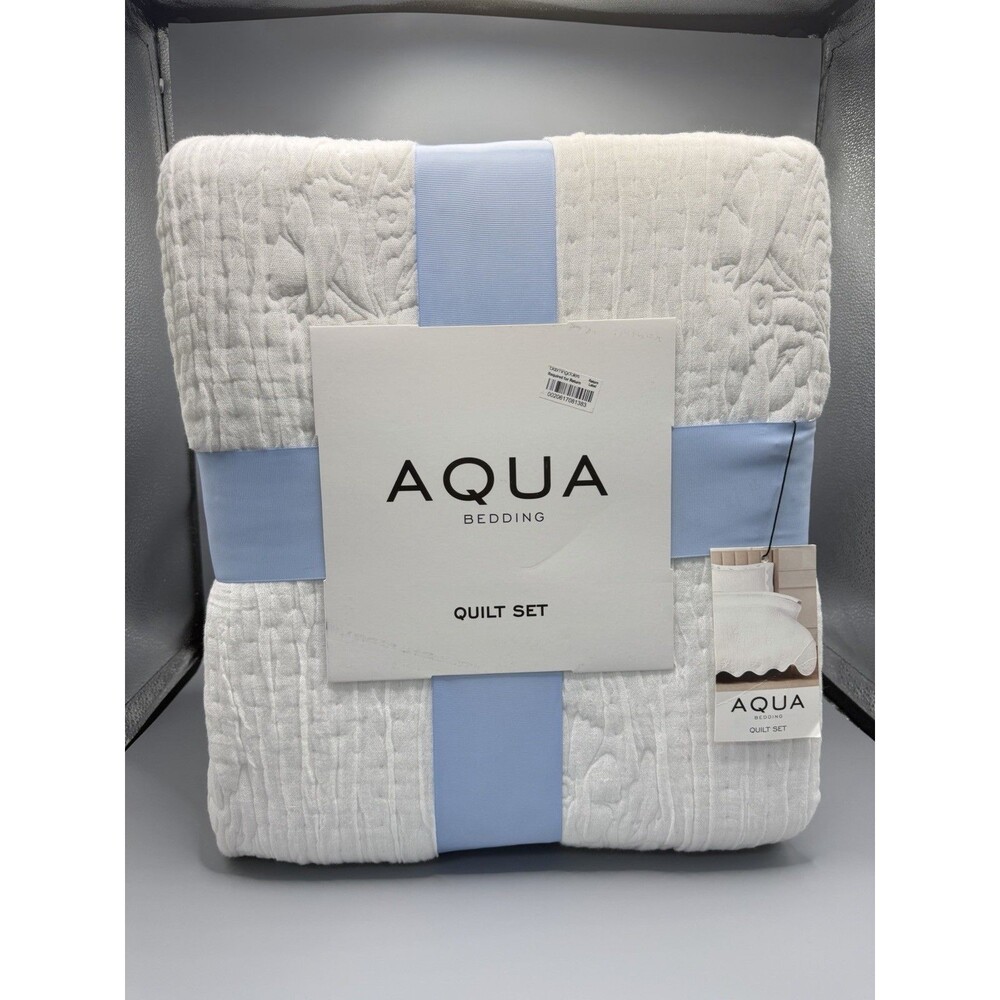 Aqua Bedding Floral Scalloped Reversible FULL/QUEEN Quilt & Shams Set White